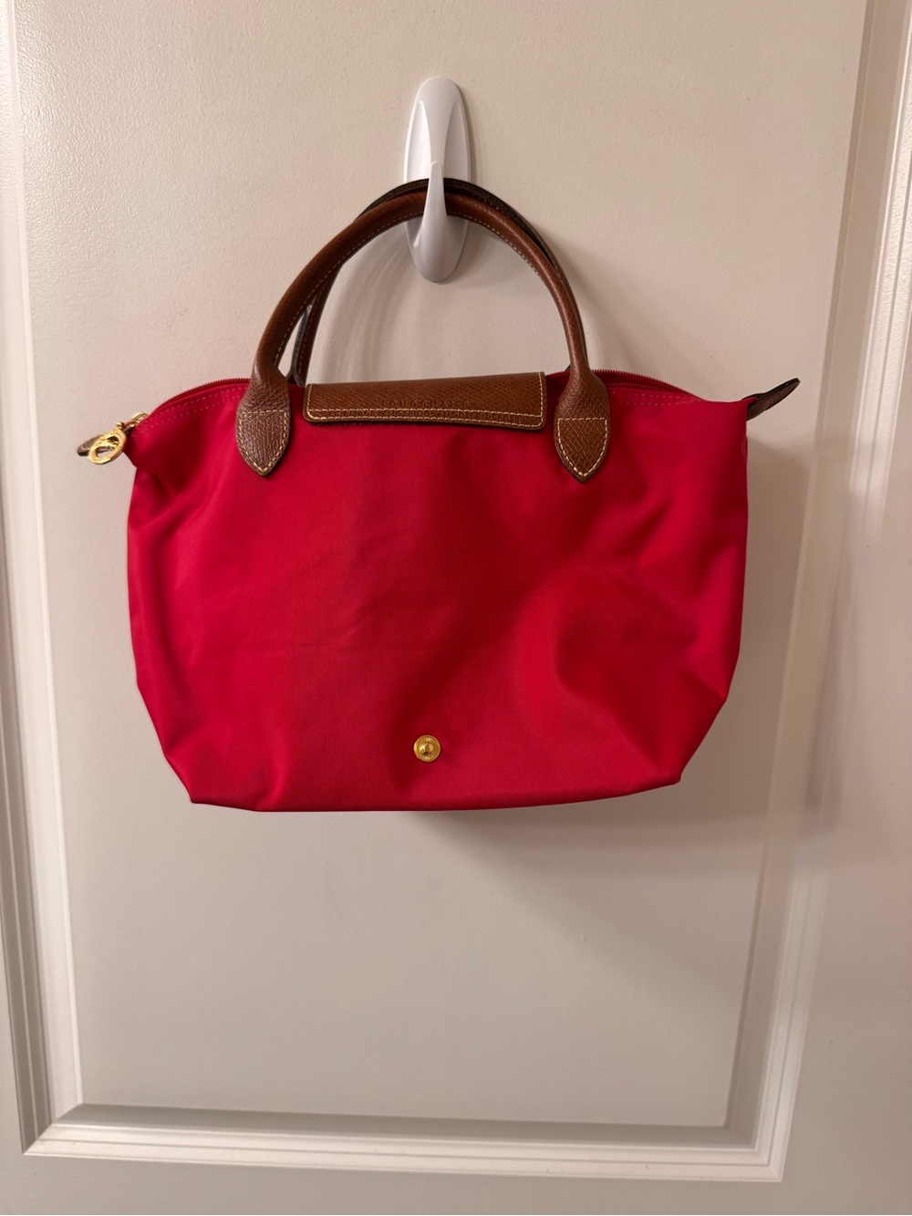 Longchamp Original S Handbag Red Nylon with Brown Leather Trim - Picture 2 of 8